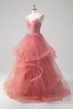 Coral A Line Spiral Ruffles Corset Tiered Long Prom Dress with Appliques