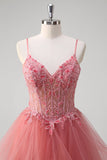 Coral A Line Spiral Ruffles Corset Tiered Long Prom Dress with Appliques