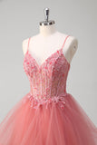 Coral A Line Spiral Ruffles Corset Tiered Long Prom Dress with Appliques