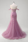 Grey Purple Mermaid Off The Shoulder Corset Tulle Prom Dress With Appliques