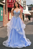 Sparkly A-Line Light Blue Corset Sequin Long Prom Dress with Spiral Ruffles