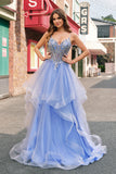 Sparkly Sequins Light Blue A Line Corset Long Prom Dress with Spiral Ruffles