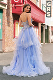 Sparkly A-Line Light Blue Corset Sequin Long Prom Dress with Spiral Ruffles