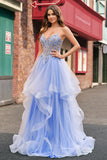 Sparkly A-Line Light Blue Corset Sequin Long Prom Dress with Spiral Ruffles