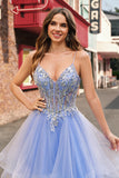 Sparkly A-Line Light Blue Corset Sequin Long Prom Dress with Spiral Ruffles