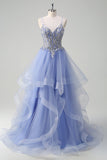 Sparkly A-Line Light Blue Corset Sequin Long Prom Dress with Spiral Ruffles