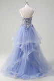 Sparkly A-Line Light Blue Corset Sequin Long Prom Dress with Spiral Ruffles