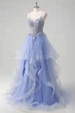 Sparkly Sequins Light Blue A Line Corset Long Prom Dress with Spiral Ruffles