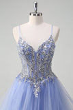 Sparkly Sequins Light Blue A Line Corset Long Prom Dress with Spiral Ruffles