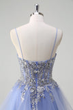 Sparkly Sequins Light Blue A Line Corset Long Prom Dress with Spiral Ruffles