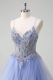 Sparkly Sequins Light Blue A Line Corset Long Prom Dress with Spiral Ruffles