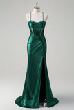 Glitter Dark Green Mermaid Spaghetti Straps Corset Ruched Metallic Prom Dress with Slit