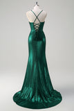 Glitter Dark Green Mermaid Spaghetti Straps Corset Ruched Metallic Prom Dress with Slit