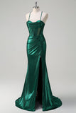 Glitter Dark Green Mermaid Spaghetti Straps Corset Ruched Metallic Prom Dress with Slit