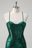 Glitter Dark Green Mermaid Spaghetti Straps Corset Ruched Metallic Prom Dress with Slit