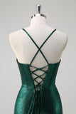 Glitter Dark Green Mermaid Spaghetti Straps Corset Ruched Metallic Prom Dress with Slit