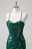 Glitter Dark Green Mermaid Spaghetti Straps Corset Ruched Metallic Prom Dress with Slit