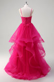 Hot Pink Princess Spaghetti Straps Corset Spiral Ruffles Long Prom Dress with Appliques