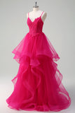 Hot Pink Princess Spaghetti Straps Corset Spiral Ruffles Long Prom Dress with Appliques