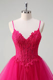 Hot Pink Princess Spaghetti Straps Corset Spiral Ruffles Long Prom Dress with Appliques