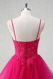 Hot Pink Princess Spaghetti Straps Corset Spiral Ruffles Long Prom Dress with Appliques