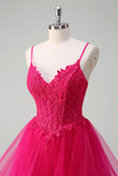 Hot Pink Princess Spaghetti Straps Corset Spiral Ruffles Long Prom Dress with Appliques