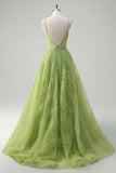 Sparkly Green Princess Spaghetti Straps Sequins Ruched Long Prom Dress