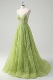 Sparkly Green Princess Spaghetti Straps Sequins Ruched Long Prom Dress