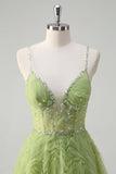 Sparkly Green Princess Spaghetti Straps Sequins Ruched Long Prom Dress