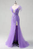 Sparkly Purple Mermaid Off the Shoulder Sequin Long Prom Dress with High Slit