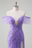 Sparkly Purple Mermaid Off the Shoulder Sequin Long Prom Dress with High Slit