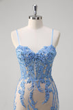 Blue Mermaid Spaghetti Straps Corset Sequin Long Prom Dress with Applique Lace