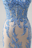 Blue Mermaid Spaghetti Straps Corset Sequin Long Prom Dress with Applique Lace