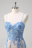 Blue Mermaid Spaghetti Straps Corset Sequin Long Prom Dress with Applique Lace