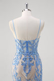 Blue Mermaid Spaghetti Straps Corset Sequin Long Prom Dress with Applique Lace