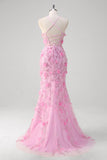 Pink Mermaid Spaghetti Straps Sequin Slit Long Prom Dress With 3D Flowers