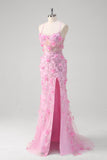 Pink Mermaid Spaghetti Straps Sequin Slit Long Prom Dress With 3D Flowers