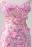 Pink Mermaid Spaghetti Straps Sequin Slit Long Prom Dress With 3D Flowers