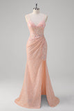 Sparkly Blush Mermaid Ruched Corset Sequin Long Prom Dress with Slit