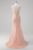 Sparkly Blush Mermaid Ruched Corset Sequin Long Prom Dress with Slit