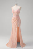 Sparkly Blush Mermaid Ruched Corset Sequin Long Prom Dress with Slit