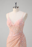 Sparkly Blush Mermaid Ruched Corset Sequin Long Prom Dress with Slit