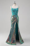 Peacock Green Mermaid Spaghetti Straps Corset Sequined Prom Dress with Slit