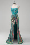 Peacock Green Mermaid Spaghetti Straps Corset Sequined Prom Dress with Slit