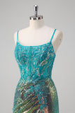 Peacock Green Mermaid Spaghetti Straps Corset Sequined Prom Dress with Slit