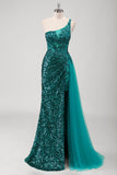 Peacock Green Mermaid One Shoulder Tulle Streamer Sequins Prom Dress with Slit