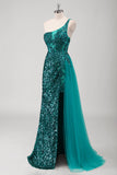 Peacock Green Mermaid One Shoulder Tulle Streamer Sequins Prom Dress with Slit