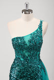 Peacock Green Mermaid One Shoulder Tulle Streamer Sequins Prom Dress with Slit