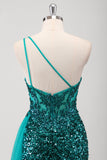 Peacock Green Mermaid One Shoulder Tulle Streamer Sequins Prom Dress with Slit