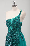 Peacock Green Mermaid One Shoulder Tulle Streamer Sequins Prom Dress with Slit